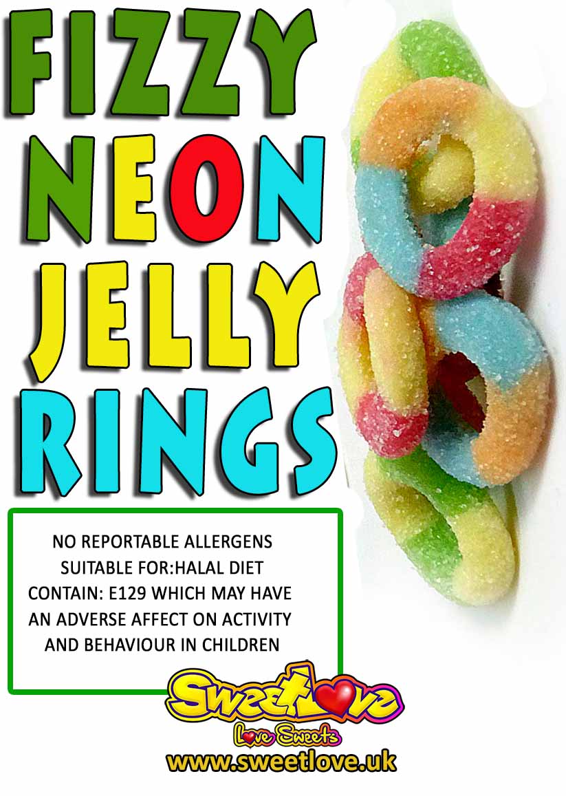 Vending label for Fizzy Neon Jelly Rings.